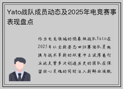 Yato战队成员动态及2025年电竞赛事表现盘点