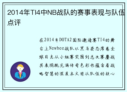 2014年TI4中NB战队的赛事表现与队伍点评