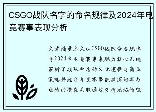 CSGO战队名字的命名规律及2024年电竞赛事表现分析